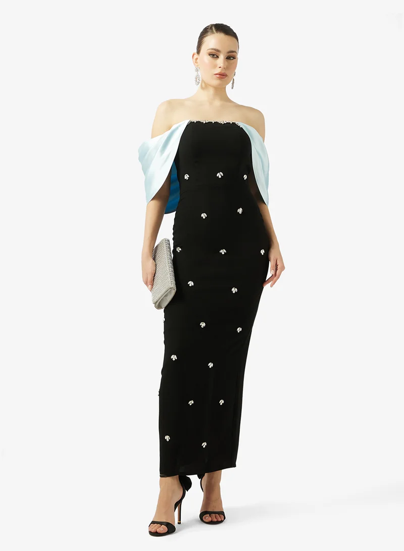 Akadia Fashion  EMBELLISHED COLD SHOULDER CREPE DRESS ED for Women | Best Price UAE